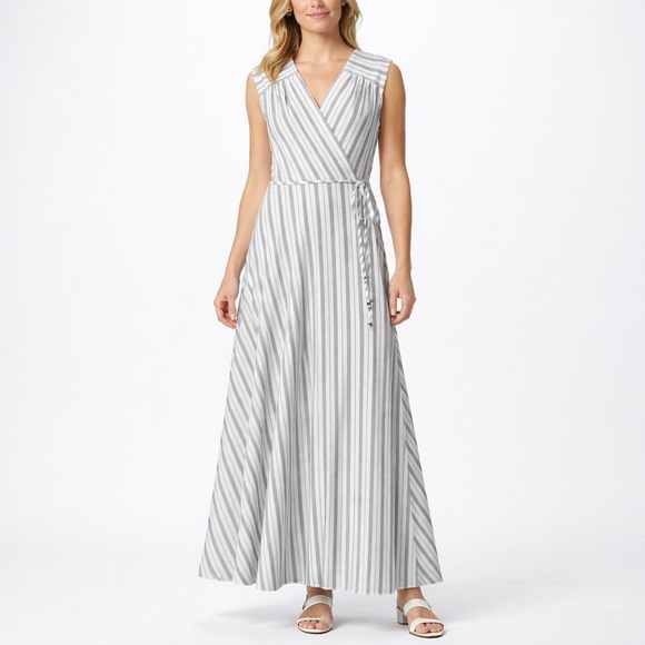Calvin Klein Dresses & Skirts - Calvin Klein Gray White Stripe Wrap Maxi Dress Size 10